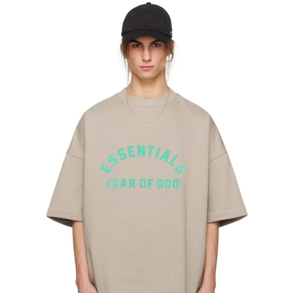 Fear of God Essentials Heavy Dark Heather Oatmeal/Teal Print T-Shirt FOG Bag